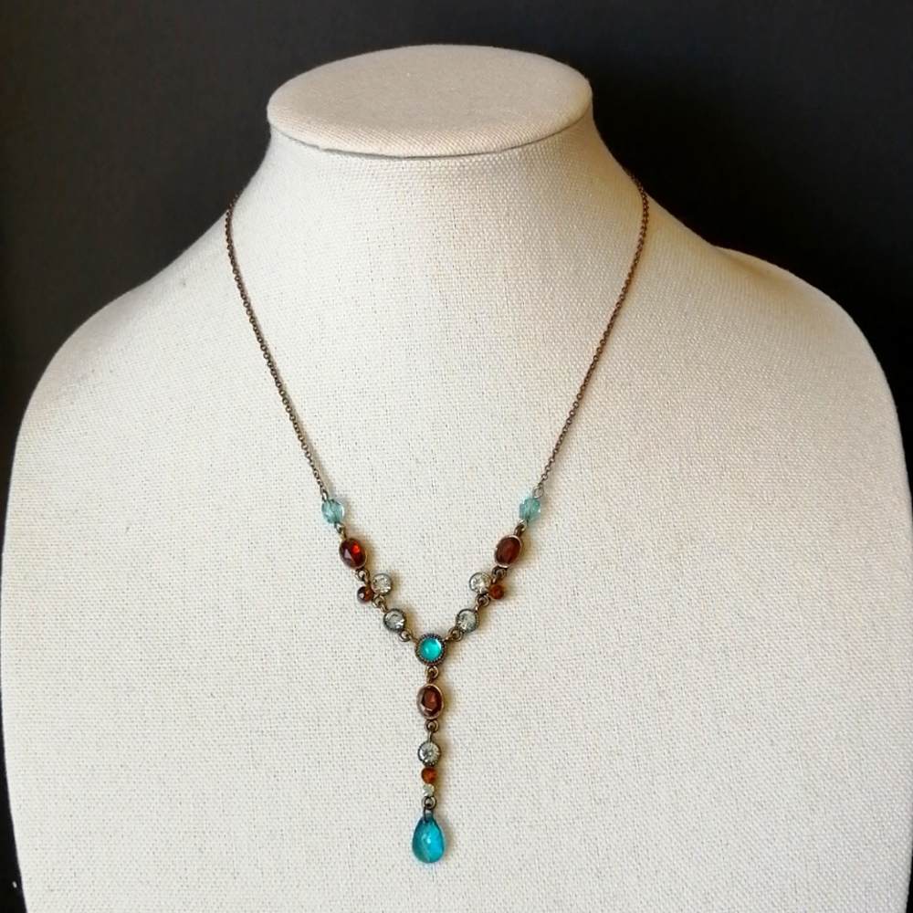 Avon Vintage Y Necklace Lariat Blue Amber Clear Colour Plastic Bead